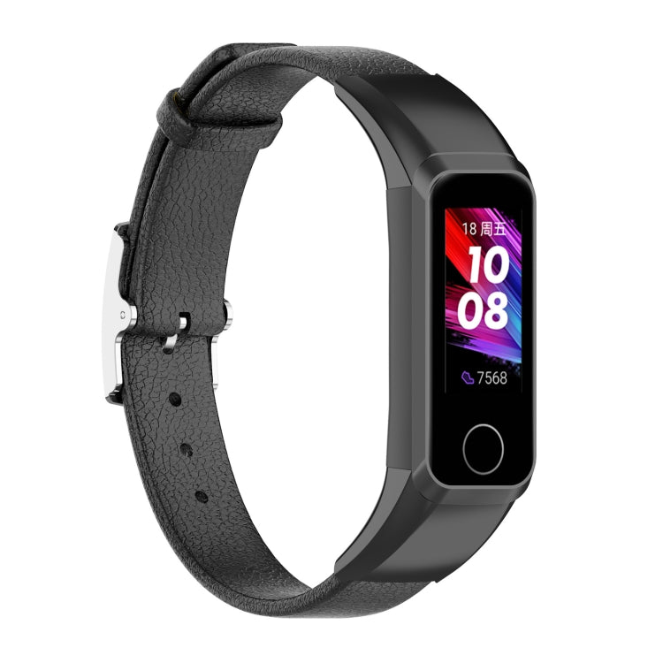 Black genuine leather watch strap with metal buckle for fitness tracker.