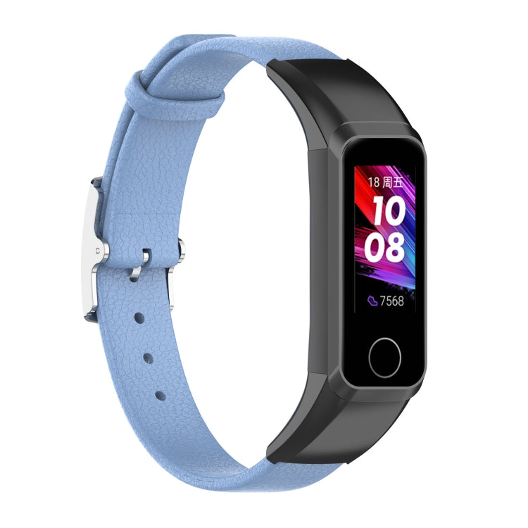 Blue genuine leather watch strap with metal buckle for fitness tracker.