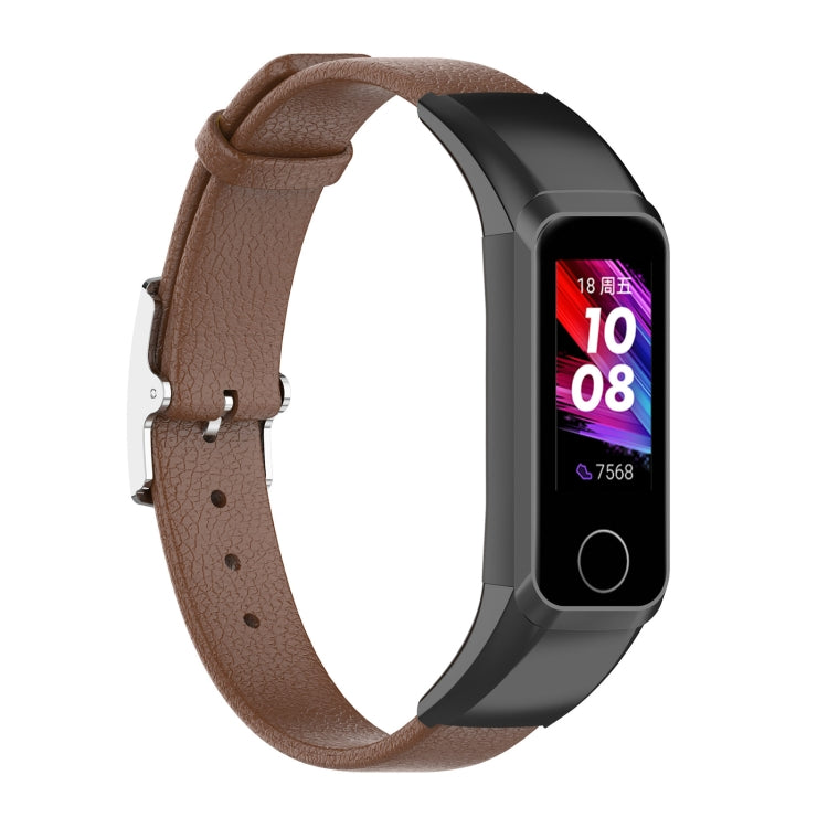 Brown genuine leather watch strap with metal buckle for fitness tracker.