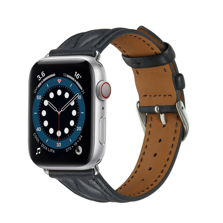 Black leather watch strap with wave texture and metal buckle, for Apple Watch