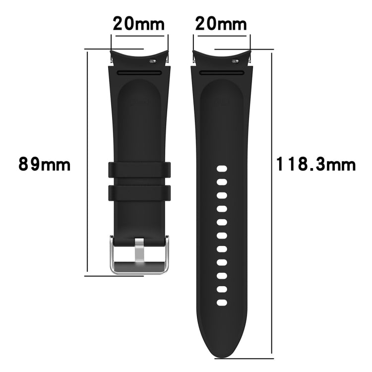 Black silicone smartwatch band with silver clasp and size dimensions diagram