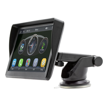 7-inch car multimedia touchscreen radio with mount base and side control knob, black
