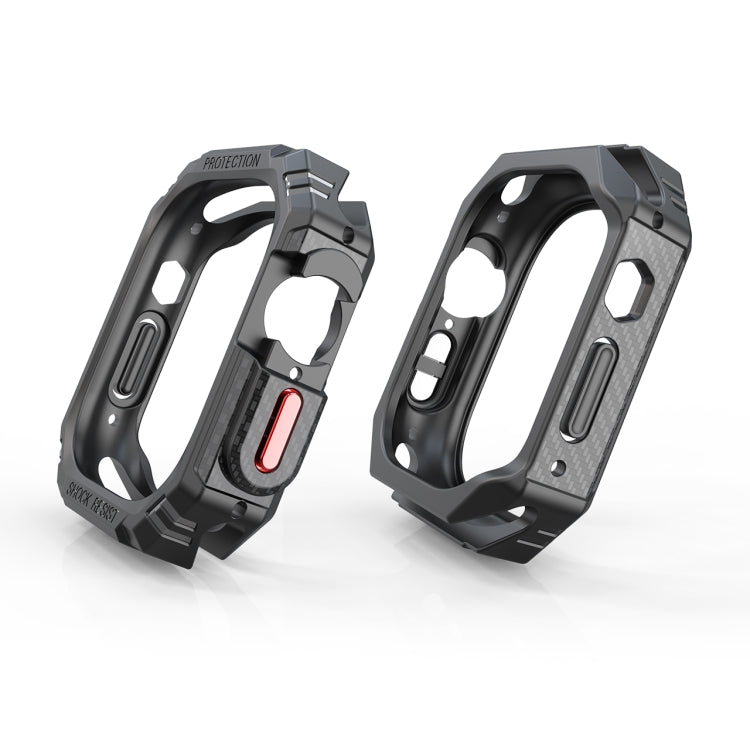 Shockproof carbon-fiber-style Apple Watch case for 49mm, dark gray two-angle side view