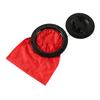 Black 6-inch round deck hatch cover with red mesh pocket and hinged cap