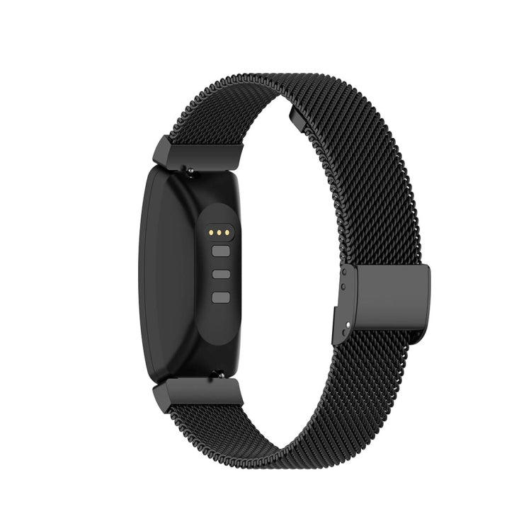 Black metal mesh watch band, size L, shown with smartwatch face on strap