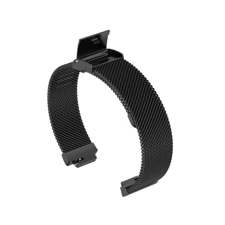 Black stainless metal mesh watch band, size L, top and bottom clasp views