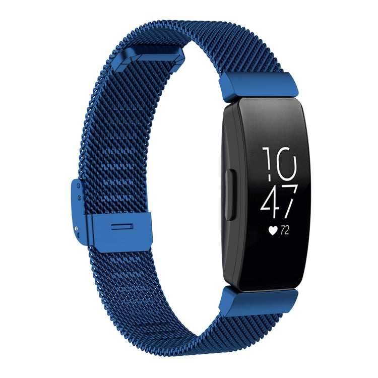Stainless steel metal mesh watch band in dark blue, size L, with connector