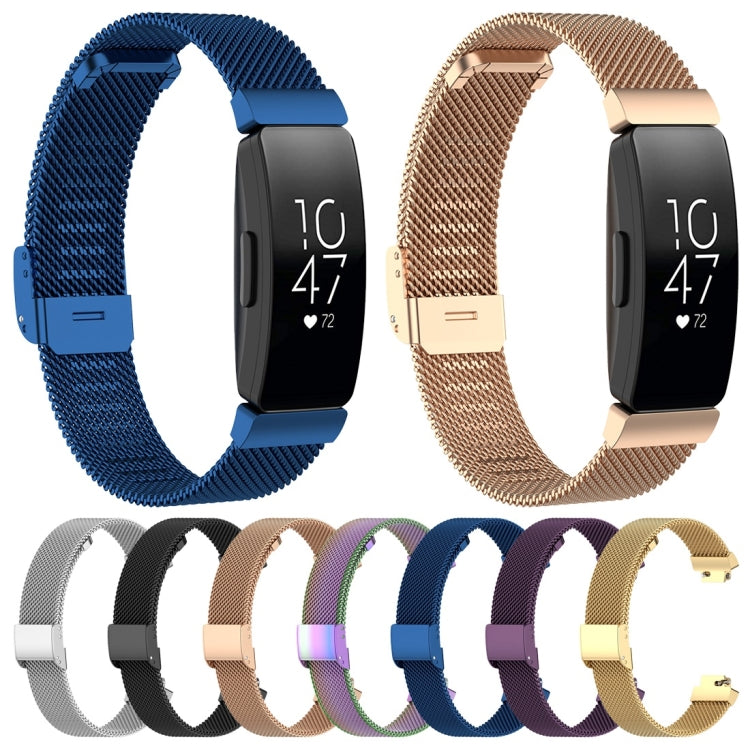 Stainless steel metal mesh watch band with clasp; blue and rose-gold colors shown