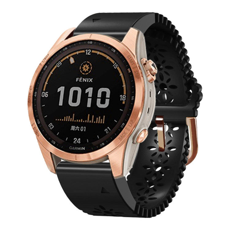 Black lace silicone watch band with floral cutouts and rose-gold quick release clasp