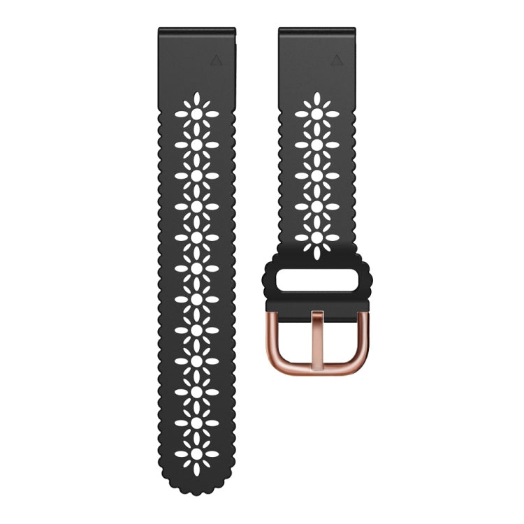 Black silicone watch band with white flower cutouts and rose-gold clasp