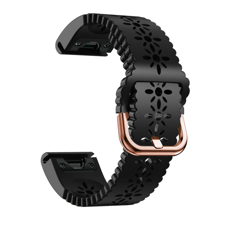 Black perforated lace silicone watch band with rose-gold clasp and quick-release ends