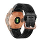 Black lace silicone watch band with flower cutouts and rose-gold clasp on Garmin watch