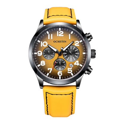Ochstin men's quartz watch with yellow leather strap, dark dial, and chronograph subdials