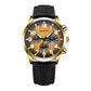 Ochstin men's quartz watch with black leather strap, gold-tone case, and dark chronograph dial