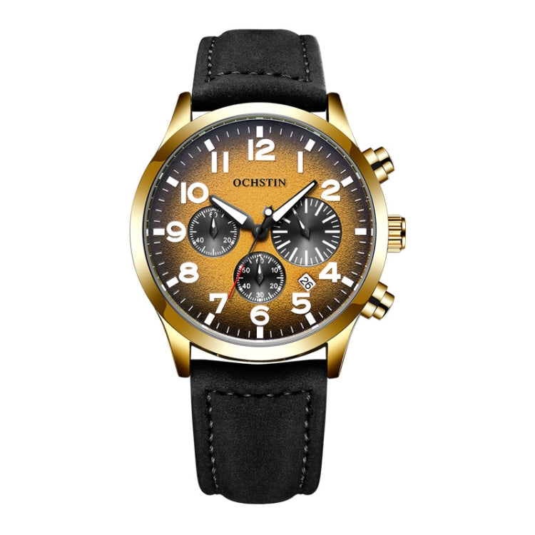Ochstin men's quartz watch with black leather strap, gold-tone case, and dark chronograph dial