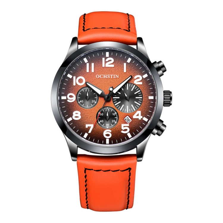 Ochstin men's quartz watch with orange leather strap, dark dial, and chronograph subdials