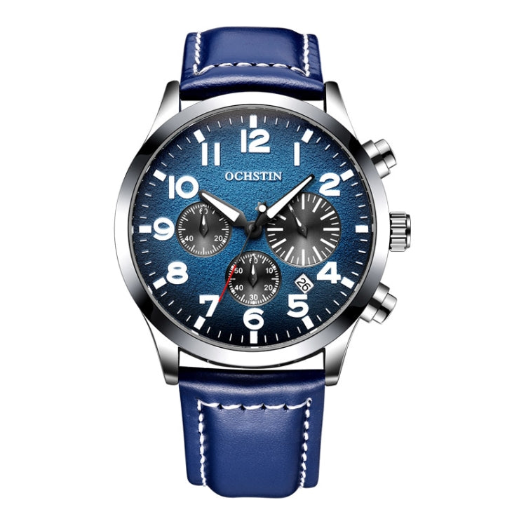 Ochstin men's quartz watch with blue leather strap, dark dial, and chronograph subdials