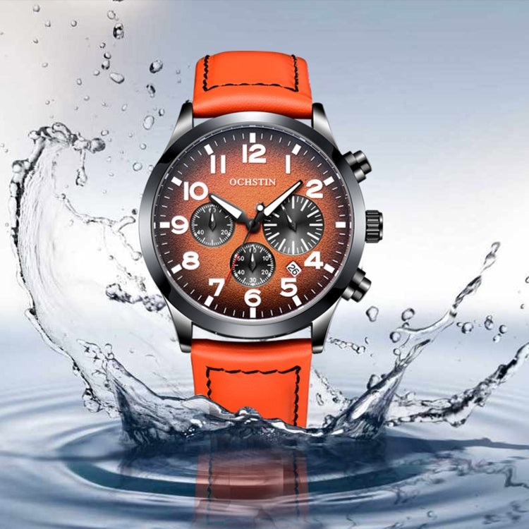 Ochstin men's quartz watch with orange leather strap, dark dial, with water splash