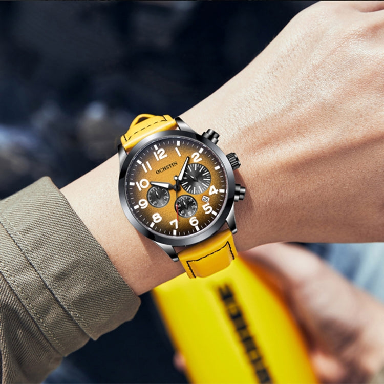 Ochstin men's waterproof quartz wristwatch with yellow leather strap