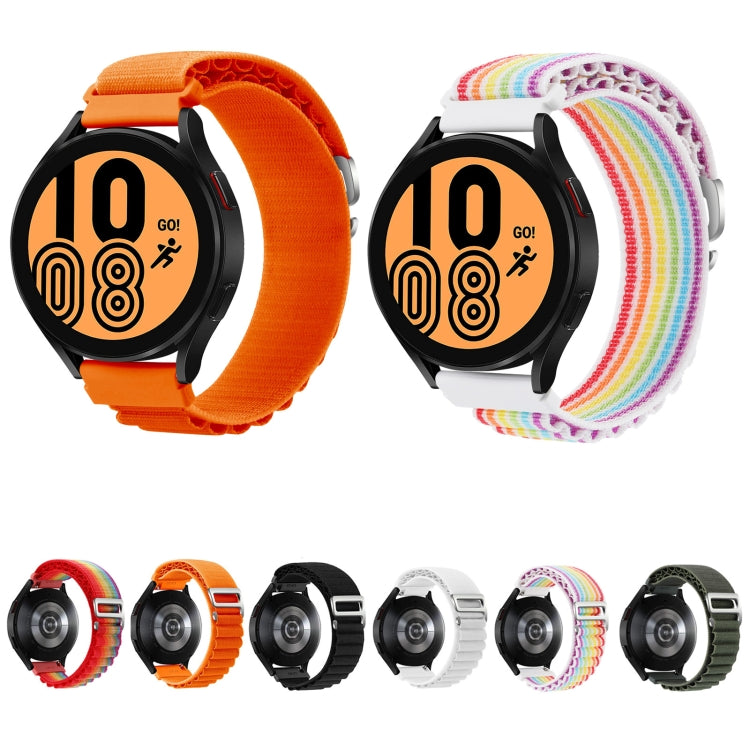 Orange and rainbow nylon watch bands with black smartwatch cases.