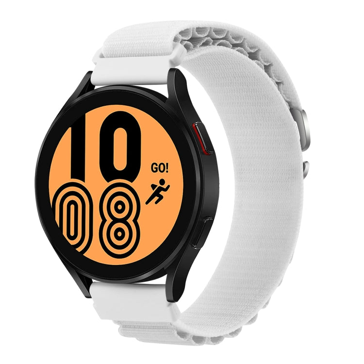 White nylon watch band with black smartwatch case and soft woven texture.
