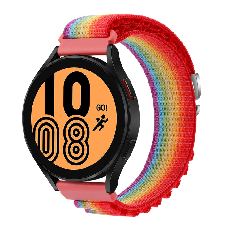 Colorful rainbow nylon watch band with black clasp and woven strap texture