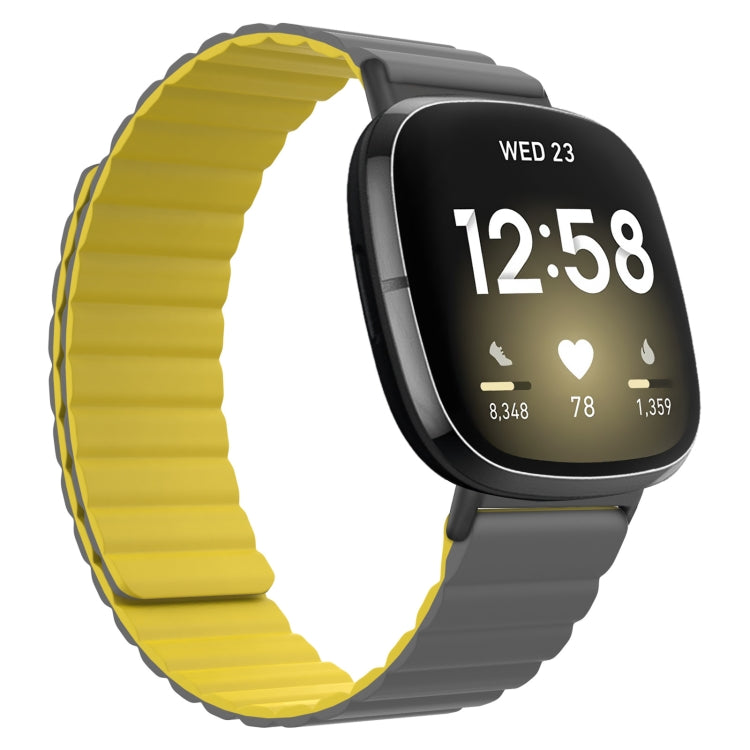 Yellow silicone magnetic watch band with gray clasp, wearable smartwatch shown with black screen