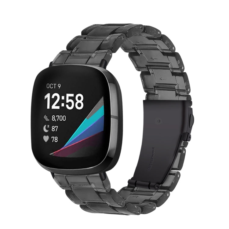 Black resin link watch band with stepped molded links, smartwatch mounted