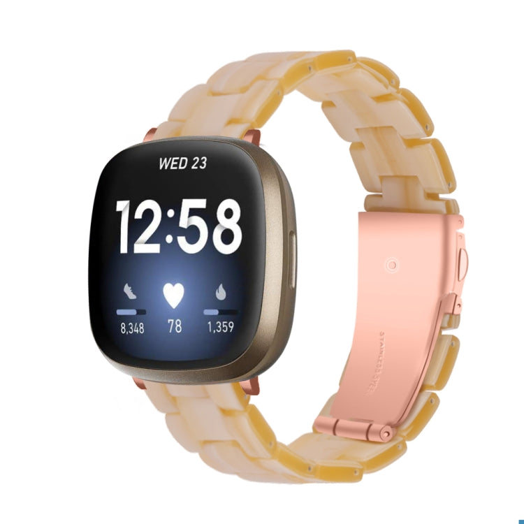 Amber translucent resin link watch band with molded pattern, smartwatch mounted