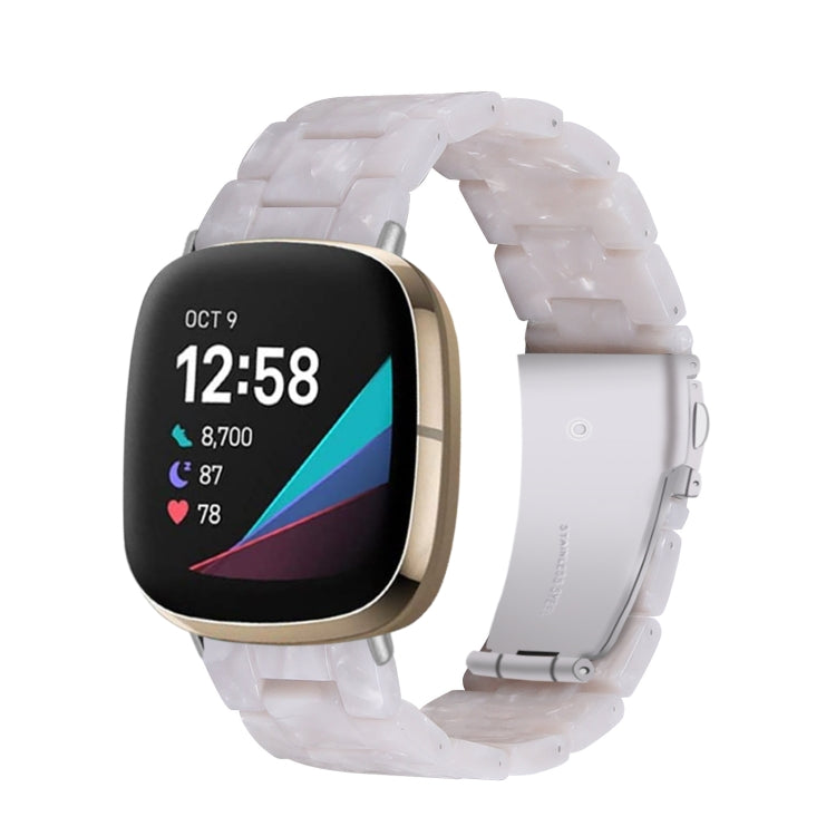 Transparent white resin link watch band with molded pattern, smartwatch mounted