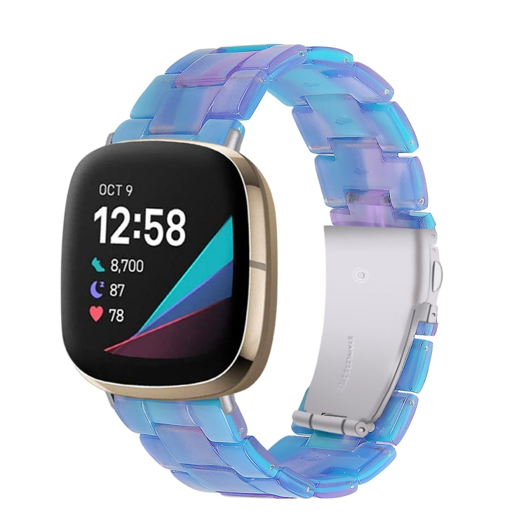 Blue and purple transparent resin smartwatch band with secure clasp for Fitbit Versa and Sense