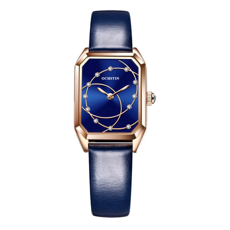Rose gold-tone square quartz watch with blue leather strap and blue dial, OCHSTIN