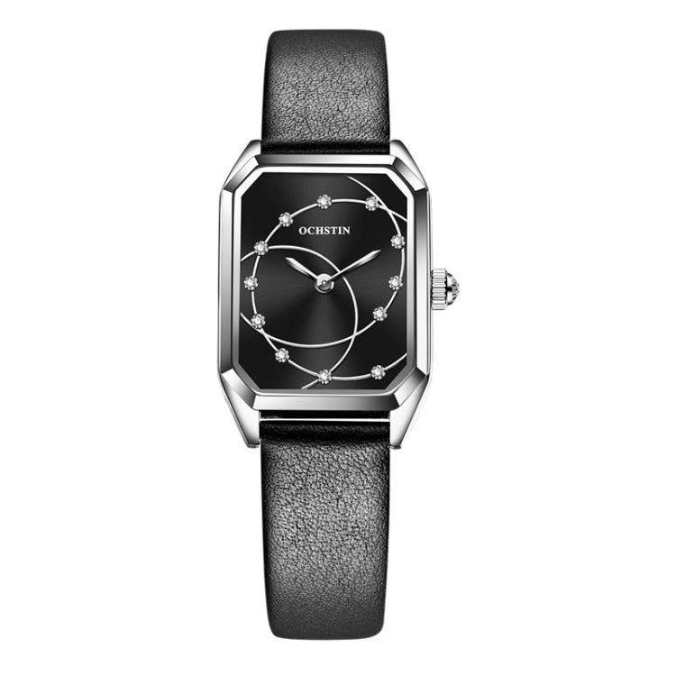 Silver-tone square quartz watch with black leather strap and black dial, OCHSTIN