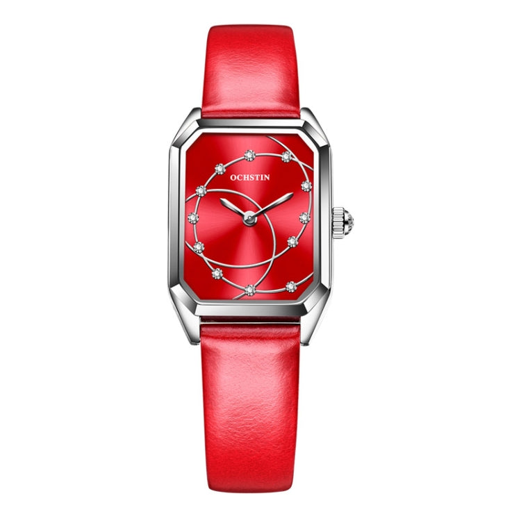 Silver-tone square quartz watch with red leather strap and red dial, OCHSTIN