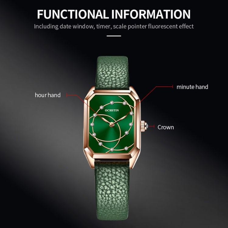 Rose gold-tone square quartz watch with green dial, green leather strap, OCHSTIN