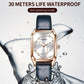 Rose gold-tone square quartz watch with dark blue leather strap and white dial, OCHSTIN