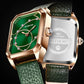 Rose gold-tone square watch caseback with water-resistance markings and green leather strap