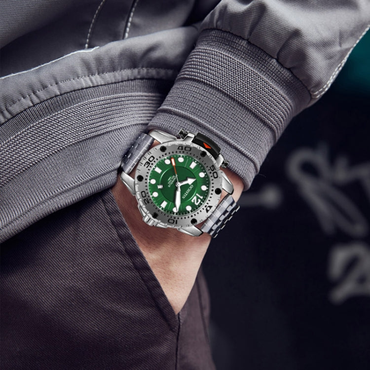 OCHSTIN men’s quartz watch on wrist with green dial and silver steel bracelet strap
