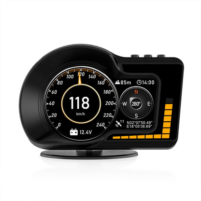 Black car HUD display showing speed, RPM and GPS compass readout