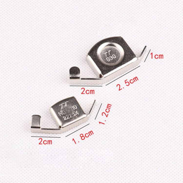 Magnetic seam guide press foot set with size measurements shown on two pieces