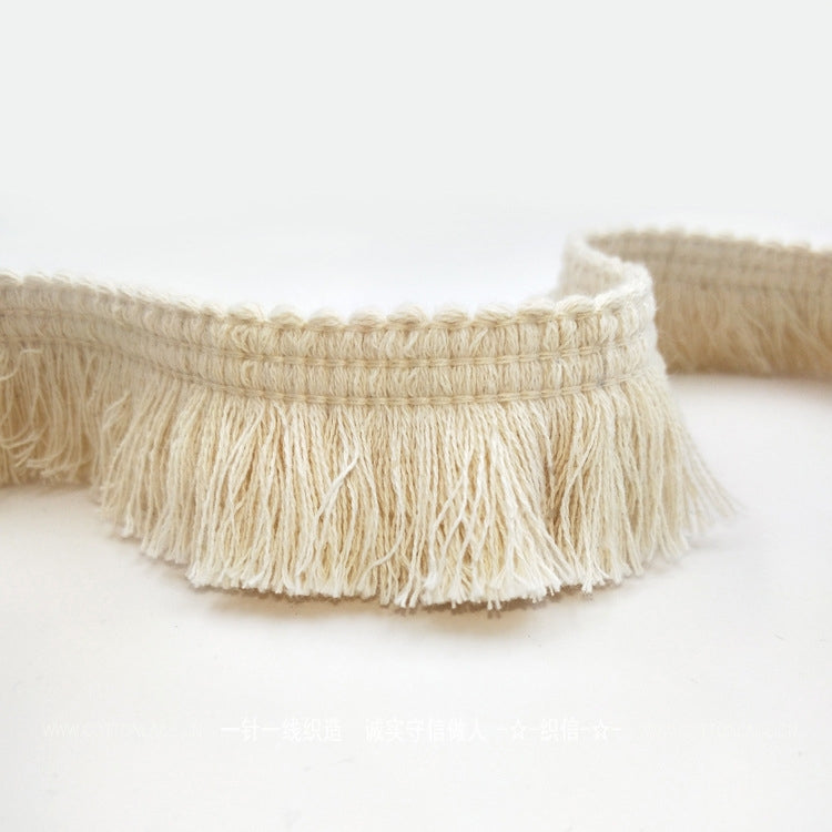 Beige cotton tassel lace trim ribbon with short fringe and stitched band
