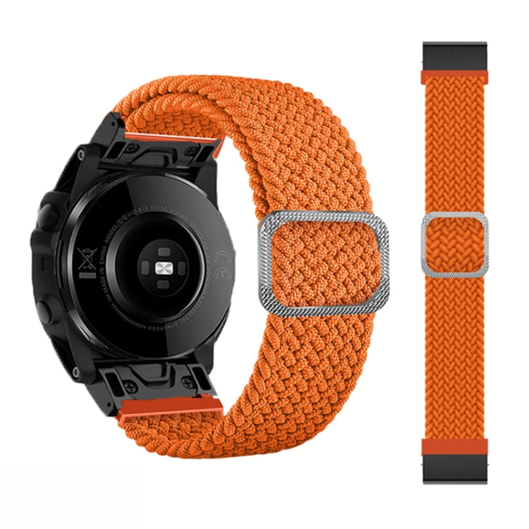 Adjustable braided nylon watch band with orange knit fabric and silver buckle for Garmin Fenix 7