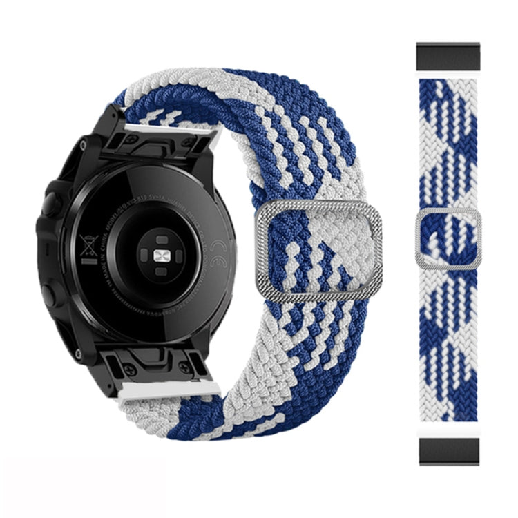 Adjustable braided nylon watch band with blue-and-white zigzag knit and silver buckle for Garmin Fenix 7