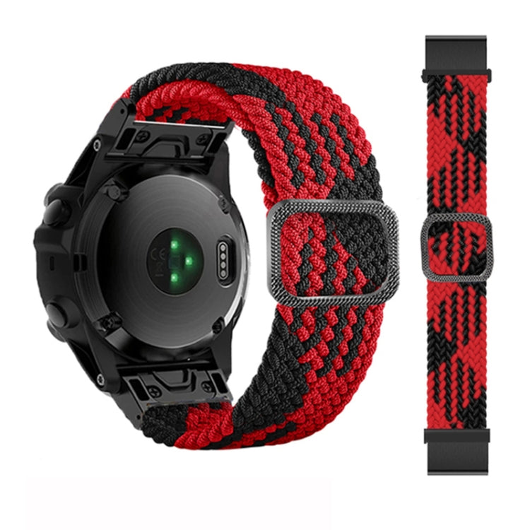 Adjustable braided nylon watch band with red and black knit pattern and silver buckle for Garmin Fenix 7