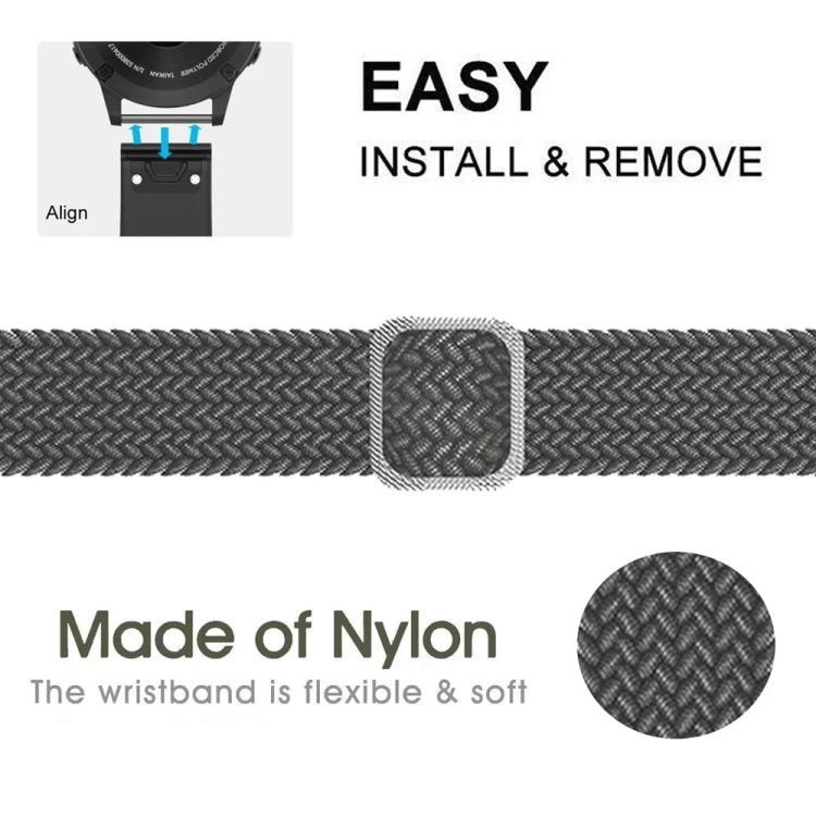 Gray braided nylon watch band close-up with textured rectangular clasp and metal pins