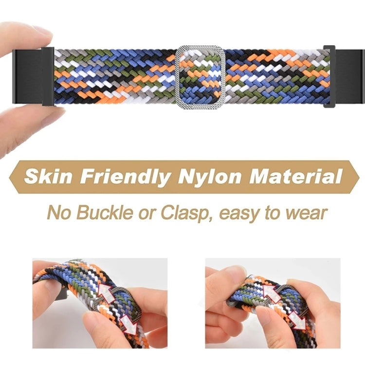 Hands holding multicolor braided nylon watch band with rectangular adjustable buckle