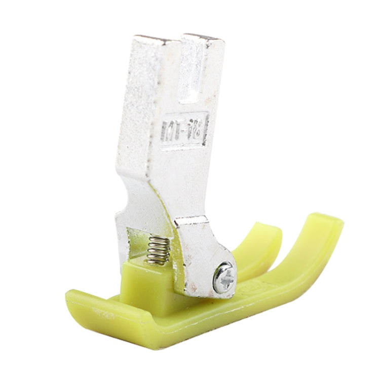 Sewing machine presser foot attachment, yellow base with silver metal shank and screw