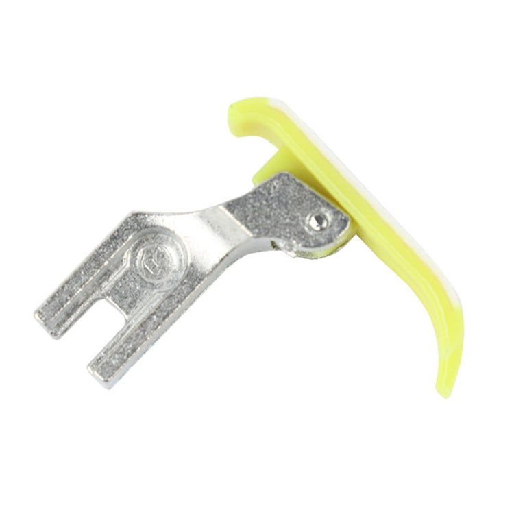 Silver sewing machine presser foot holder with yellow plastic latch