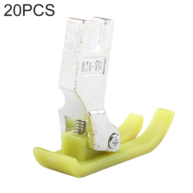 Sewing machine presser foot attachment with silver metal arm and yellow prong guards
