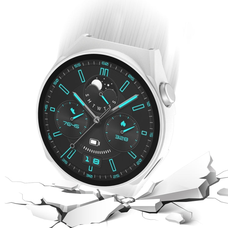 White 2-in-1 watch case with tempered glass screen protector on a smartwatch